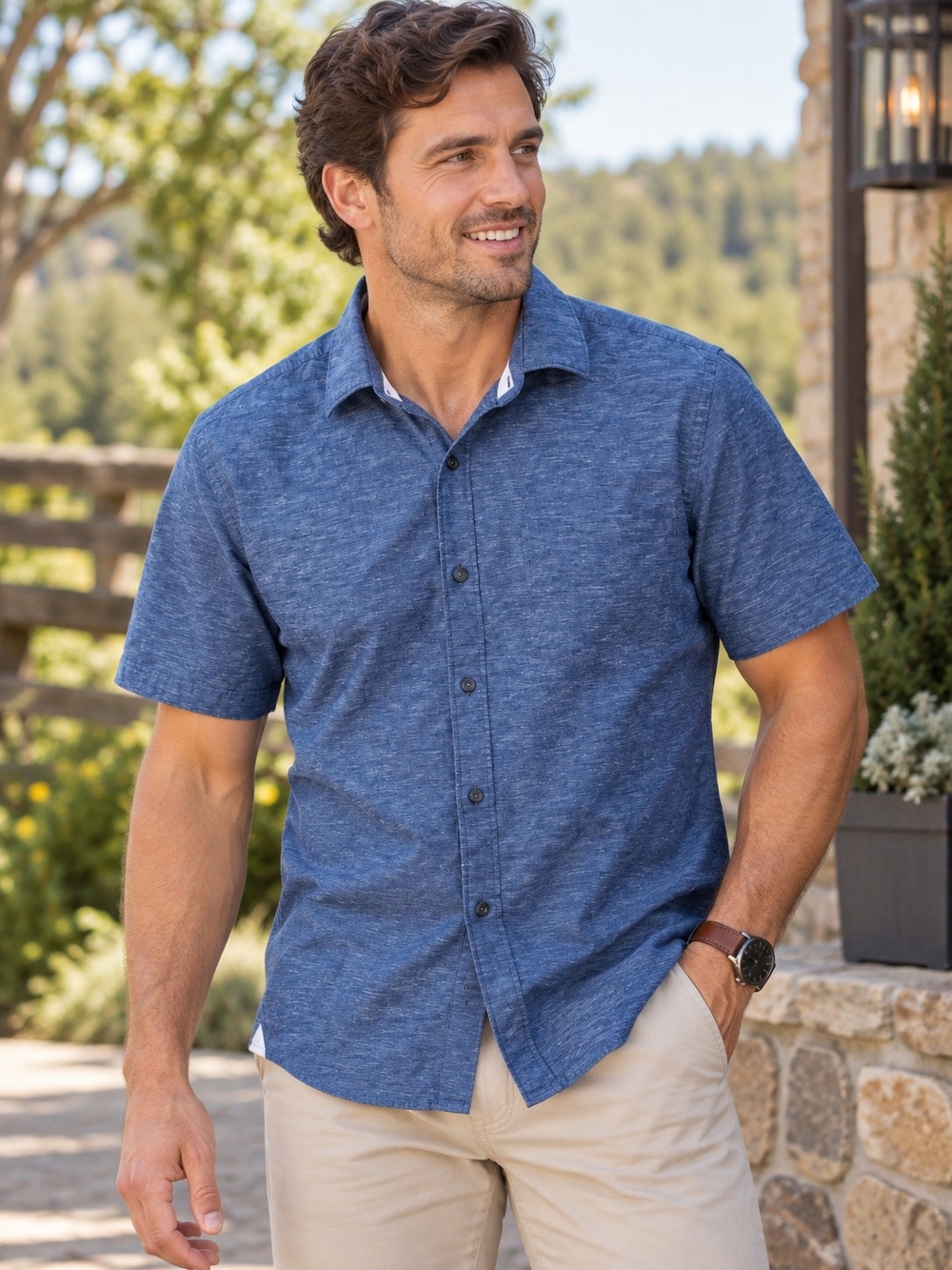 Hugo Boss Cotton Linen Men's Short Sleeve Button Down Shirt Blue Size M